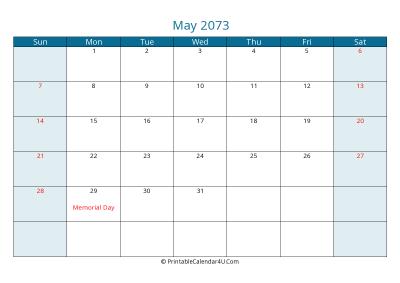 may 2073 calendar printable with us holidays, sunday start, landscape, letter paper size