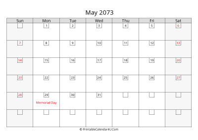may 2073 calendar with days in box