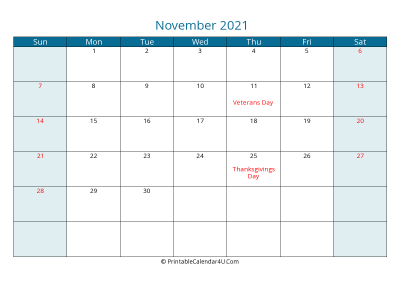 november 2021 calendar printable with us holidays, sunday start, landscape, letter paper size