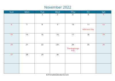 november 2022 calendar printable with us holidays, sunday start, landscape, letter paper size