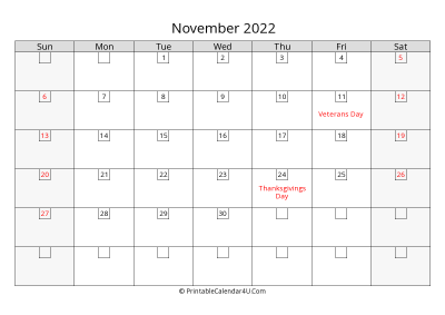 november 2022 calendar with days in box
