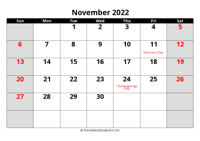 november 2022 editable calendar with large font size