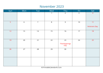 november 2023 calendar printable with us holidays, sunday start, landscape, letter paper size