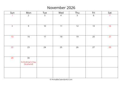 november 2026 calendar printable with uk bank holidays