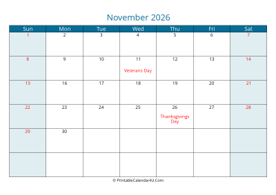 november 2026 calendar printable with us holidays, sunday start, landscape, letter paper size