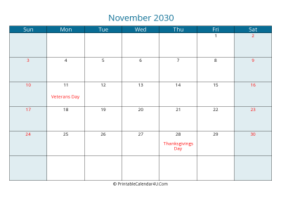 november 2030 calendar printable with us holidays, sunday start, landscape, letter paper size
