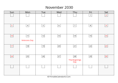 november 2030 calendar with days in box