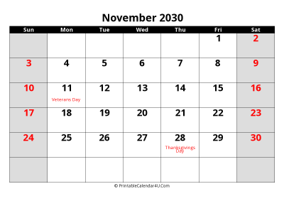 november 2030 editable calendar with large font size