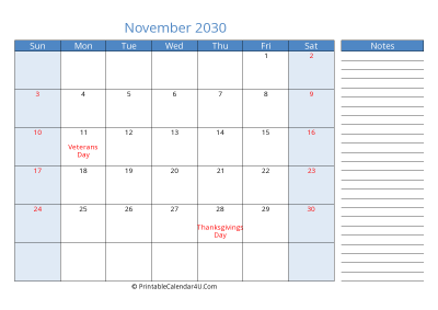 november 2030 printable calendar with us holidays, sunday start, side notes, landscape, letter