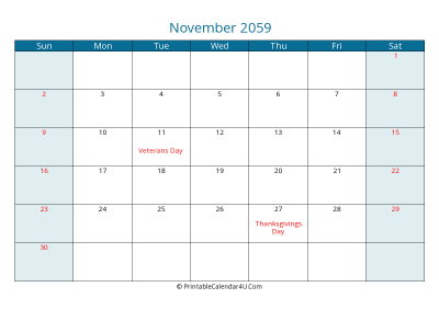 november 2059 calendar printable with us holidays, sunday start, landscape, letter paper size