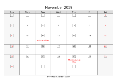 november 2059 calendar with days in box
