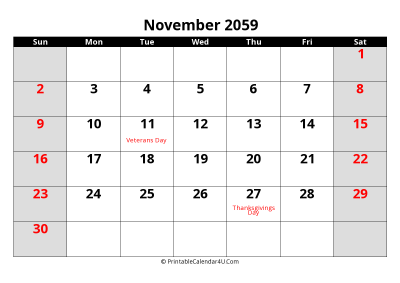 november 2059 editable calendar with large font size