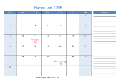 november 2059 printable calendar with us holidays, sunday start, side notes, landscape, letter