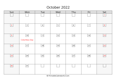 october 2022 calendar with days in box