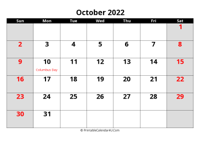october 2022 editable calendar with large font size