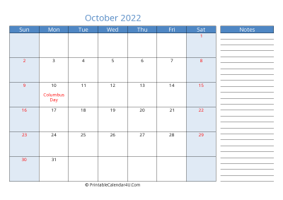 october 2022 printable calendar with us holidays, sunday start, side notes, landscape, letter