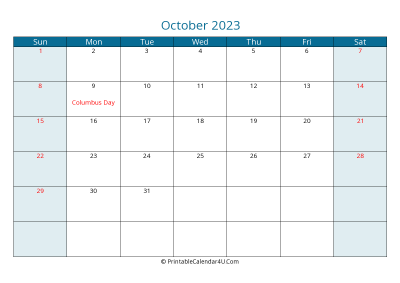october 2023 calendar printable with us holidays, sunday start, landscape, letter paper size