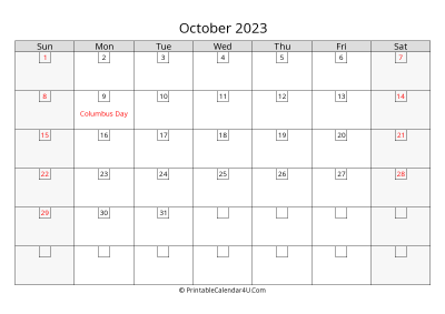october 2023 calendar with days in box
