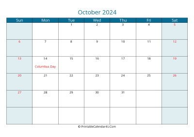october 2024 calendar printable with us holidays, sunday start, landscape, letter paper size