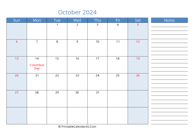 october 2024 printable calendar with us holidays, sunday start, side notes, landscape, letter