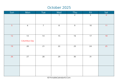 october 2025 calendar printable with us holidays, sunday start, landscape, letter paper size
