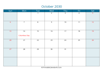 october 2030 calendar printable with us holidays, sunday start, landscape, letter paper size