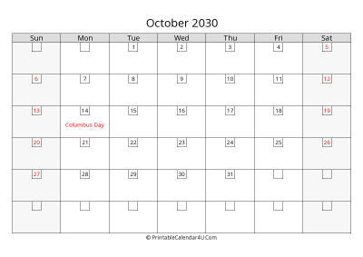 october 2030 calendar with days in box