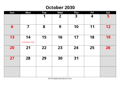 october 2030 editable calendar with large font size
