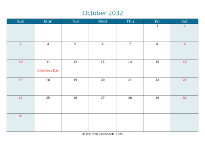 october 2032 calendar printable with us holidays, sunday start, landscape, letter paper size