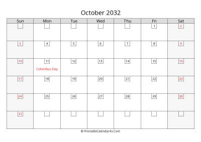 october 2032 calendar with days in box