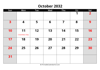 october 2032 editable calendar with large font size