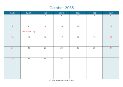 october 2035 calendar printable with us holidays, sunday start, landscape, letter paper size