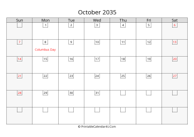 october 2035 calendar with days in box