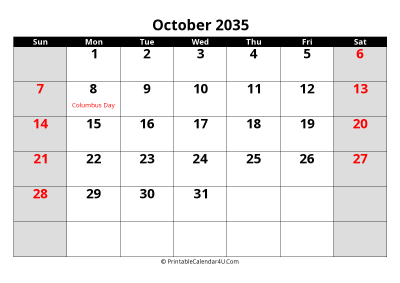 october 2035 editable calendar with large font size