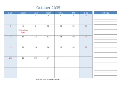 october 2035 printable calendar with us holidays, sunday start, side notes, landscape, letter