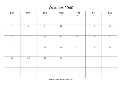 october 2040 calendar printable with uk bank holidays