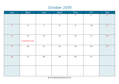 october 2059 calendar printable with us holidays, sunday start, landscape, letter paper size
