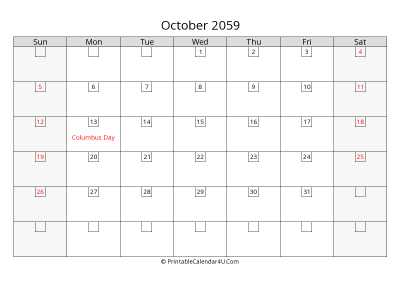 october 2059 calendar with days in box