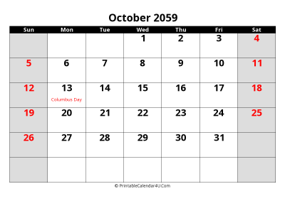 october 2059 editable calendar with large font size