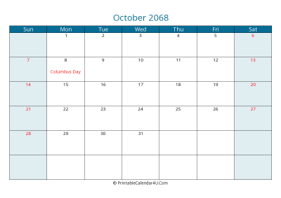 october 2068 calendar printable with us holidays, sunday start, landscape, letter paper size