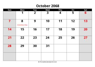 october 2068 editable calendar with large font size