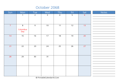 october 2068 printable calendar with us holidays, sunday start, side notes, landscape, letter
