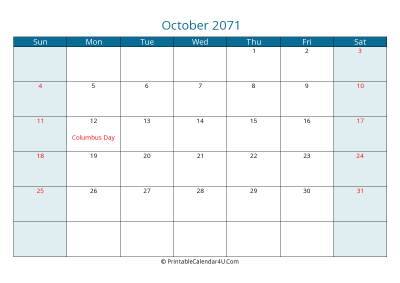 october 2071 calendar printable with us holidays, sunday start, landscape, letter paper size