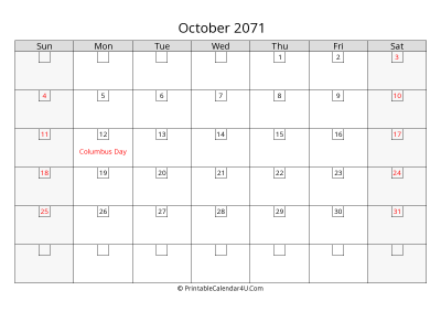 october 2071 calendar with days in box