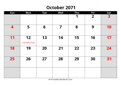 october 2071 editable calendar with large font size