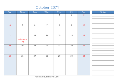 october 2071 printable calendar with us holidays, sunday start, side notes, landscape, letter