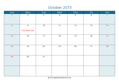 october 2073 calendar printable with us holidays, sunday start, landscape, letter paper size