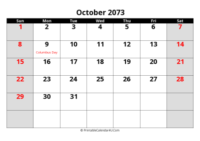 october 2073 editable calendar with large font size