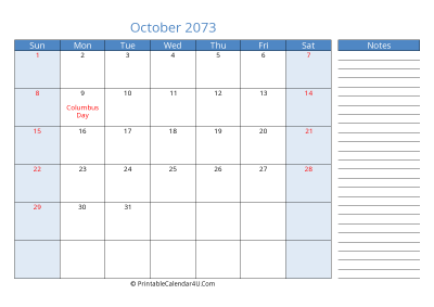 october 2073 printable calendar with us holidays, sunday start, side notes, landscape, letter
