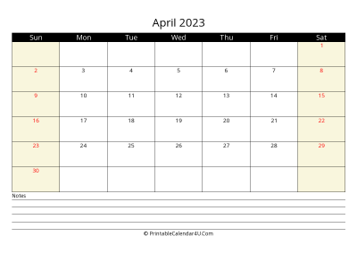 printable april calendar 2023 with us holidays,sunday start, notes at bottom, landscape, letter